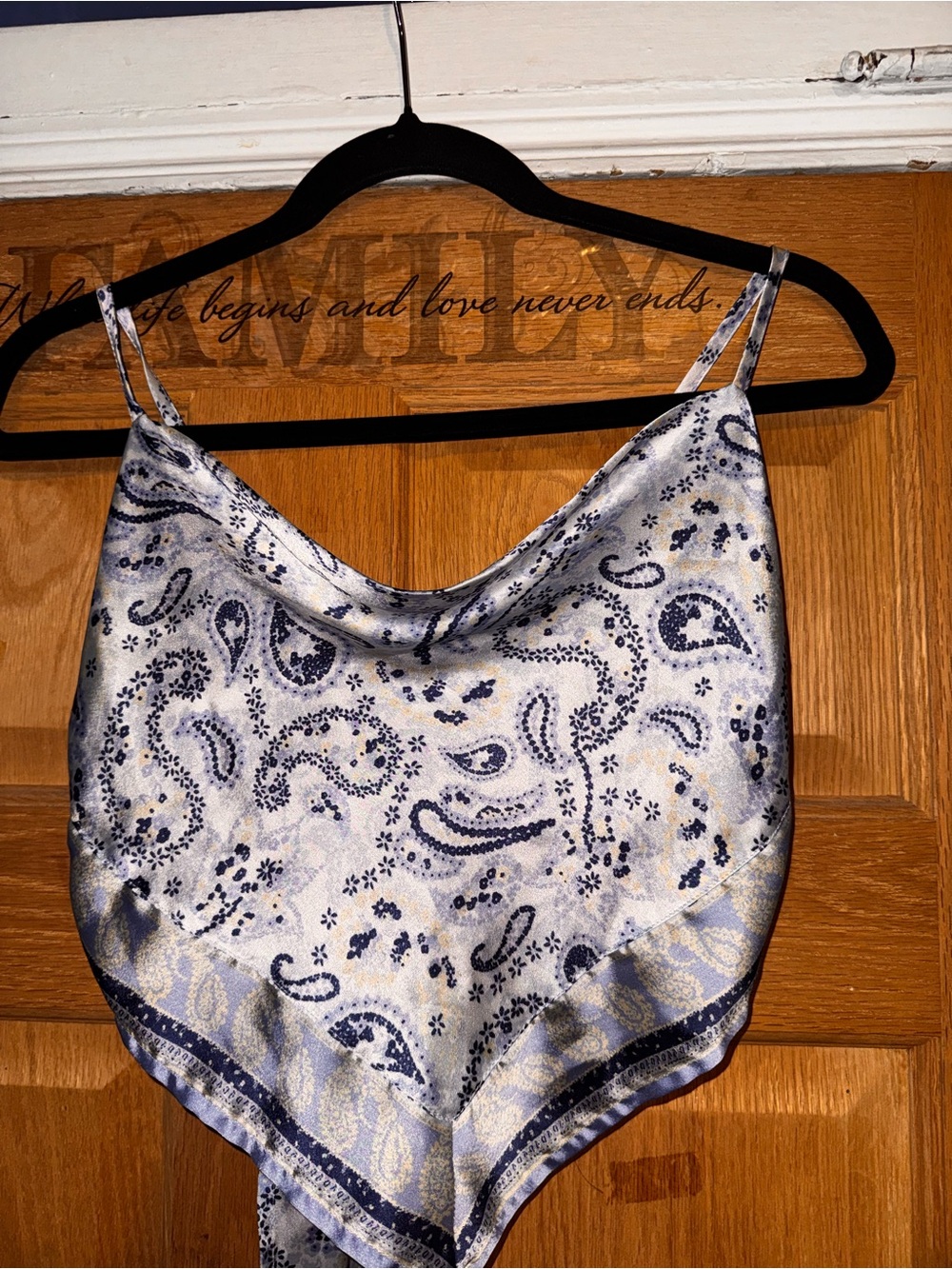 Japna Navy and Cream Paisley Satin Crop Cami scarf top style